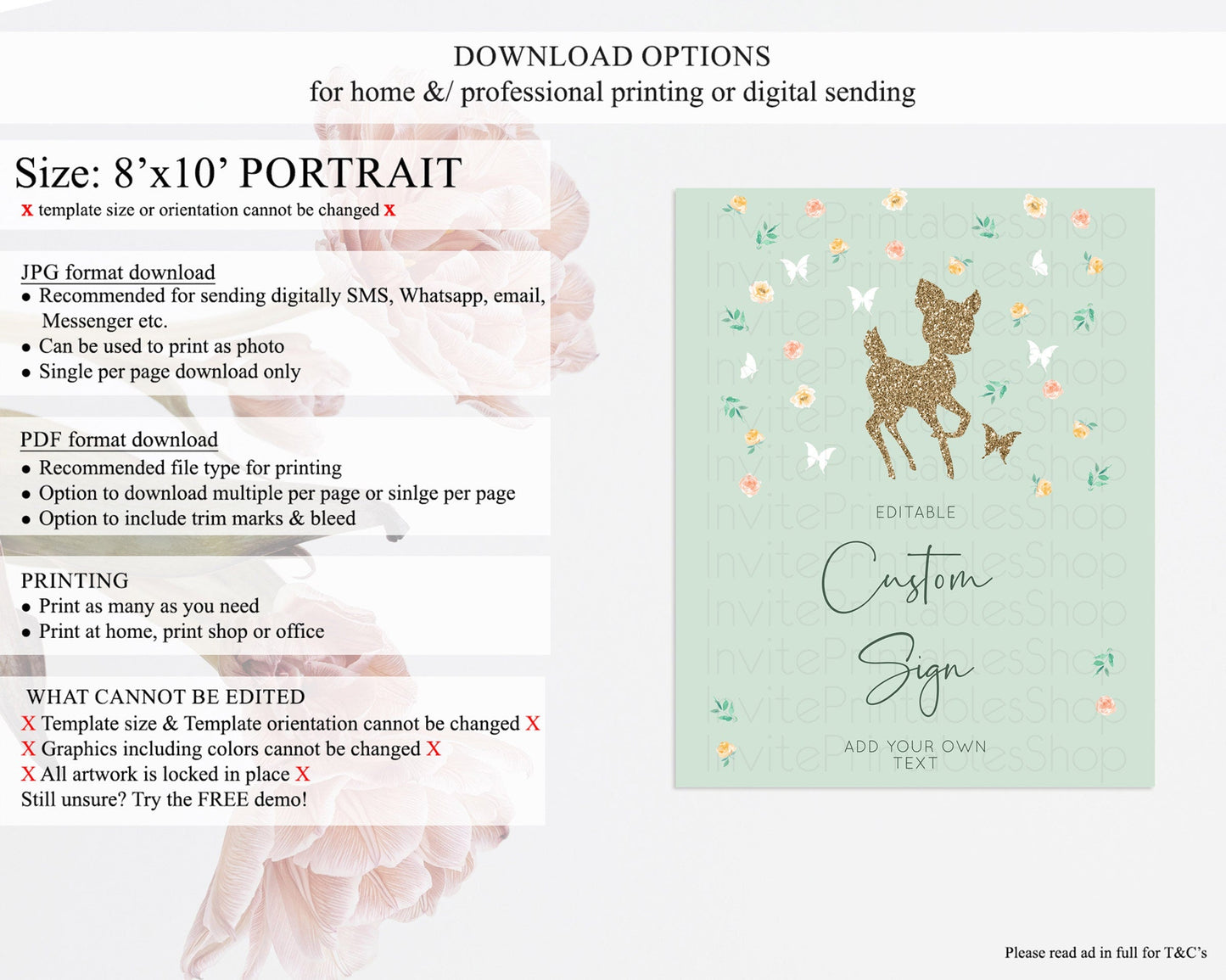 Fawn Deer Sign Pastel Floral Deer Table Sign Decor Enchanted Forest Butterfly Party 1st Birthday Baptism Baby Shower Bridal Shower D10385