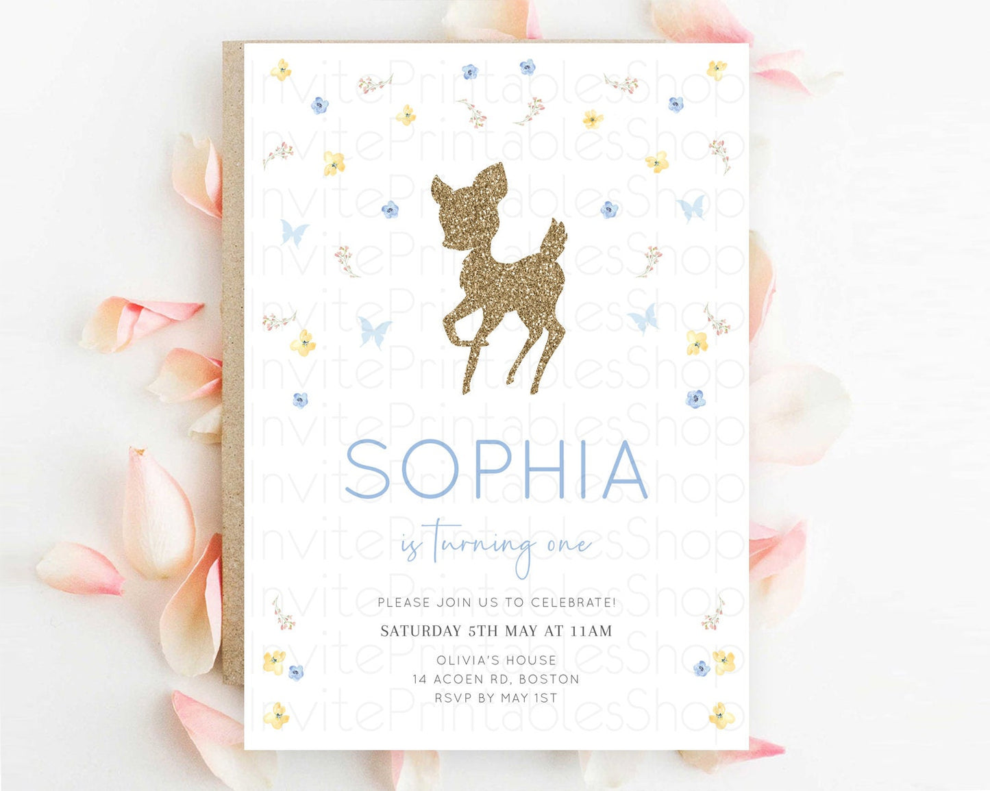 Fawn Birthday Invitation Deer Birthday Invitation Enchanted Forest Party Butterfly Pastel Flowers Whimsical 2nd 1st First Birthday D10360
