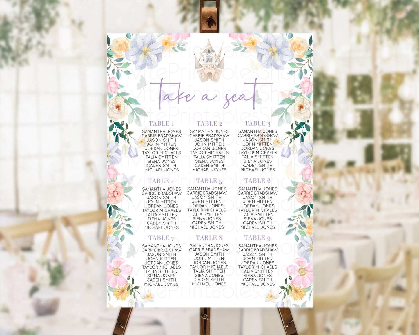 Princess Seating Chart Castle Seating Chart Royal Princess Décor Fairy Tale Enchanted Castle Pastel Floral Garden Table Number Sign D10473