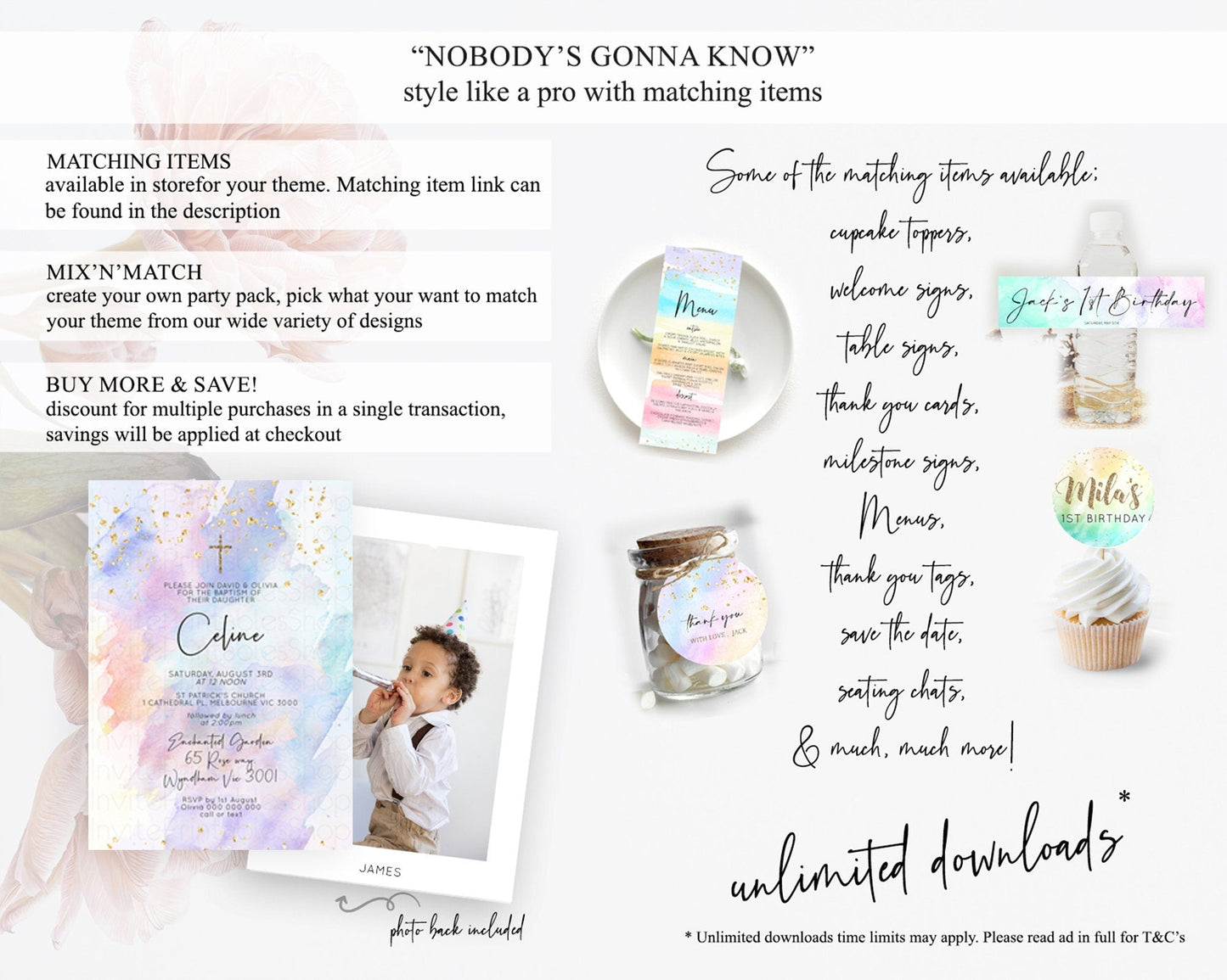 Pastel Baptism Invitation Pastel Colors Watercolor Baptism 1st Birthday Party Gold Ombre Pastel Rainbow Christening Holy Communion D10585