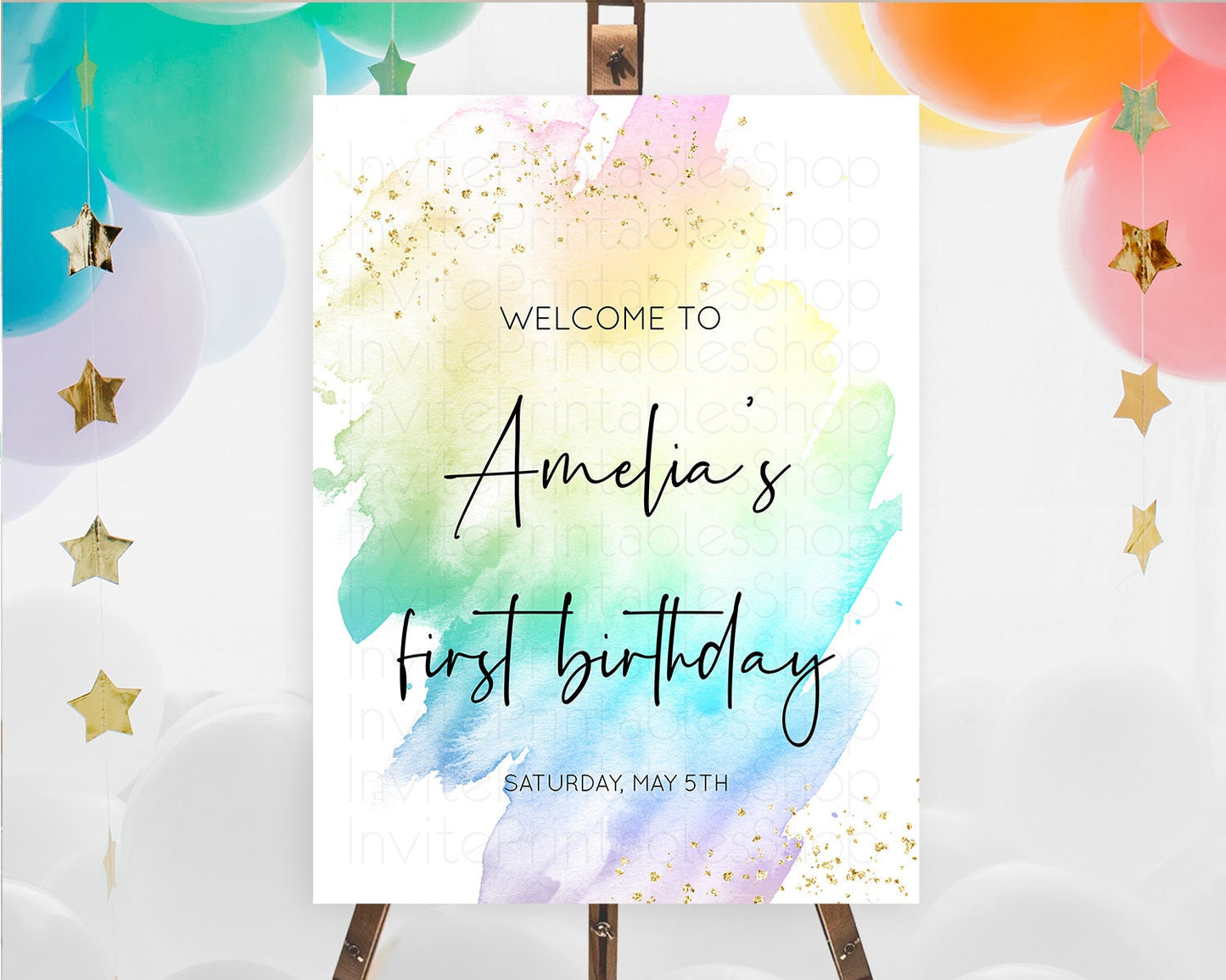 Pastel Welcome Sign Pastel Rainbow Welcome Sign Colorful Rainbow Confetti Watercolor Glitter Pastel First Birthday Welcome Sign D10279