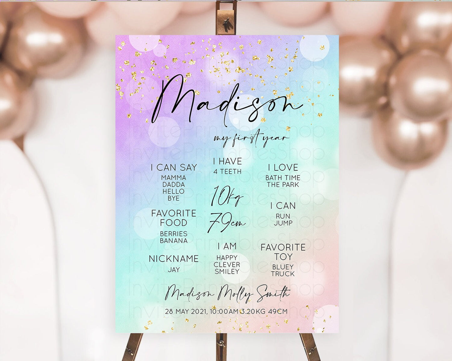 Pastel First Birthday Milestone Board Pastel Rainbow Milestone Poster Colorful Confetti Watercolor Glitter 1st Birthday Welcome Sign D10618