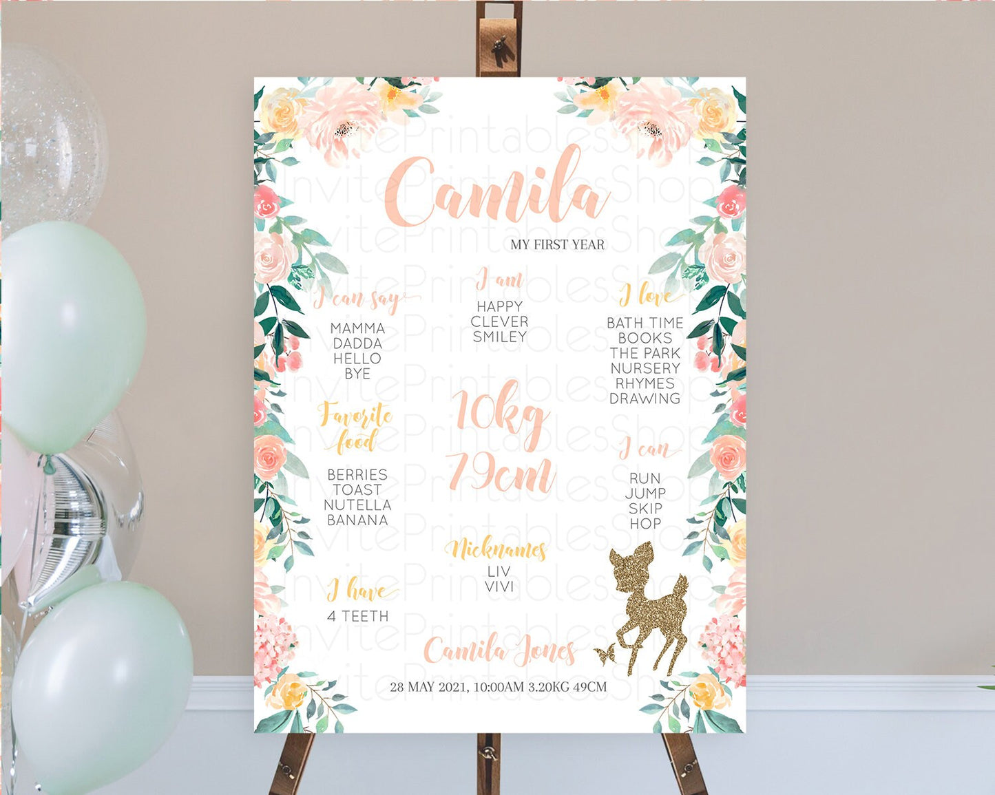 Fawn First Birthday Milestone Board Deer First Birthday Milestone Poster Enchanted Forest Butterfly Pastel Flowers 1st Birthday Sign D10874