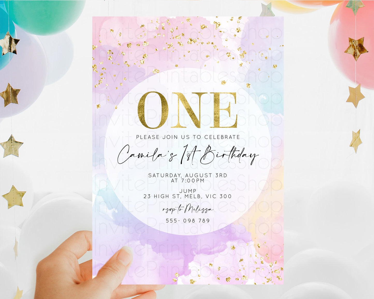 Rainbow Birthday Invitation Colorful Pastel Watercolor Invitation Gold Glitter Sprinkles Ombre Pastel 1st 2nd 3rd Birthday D10623