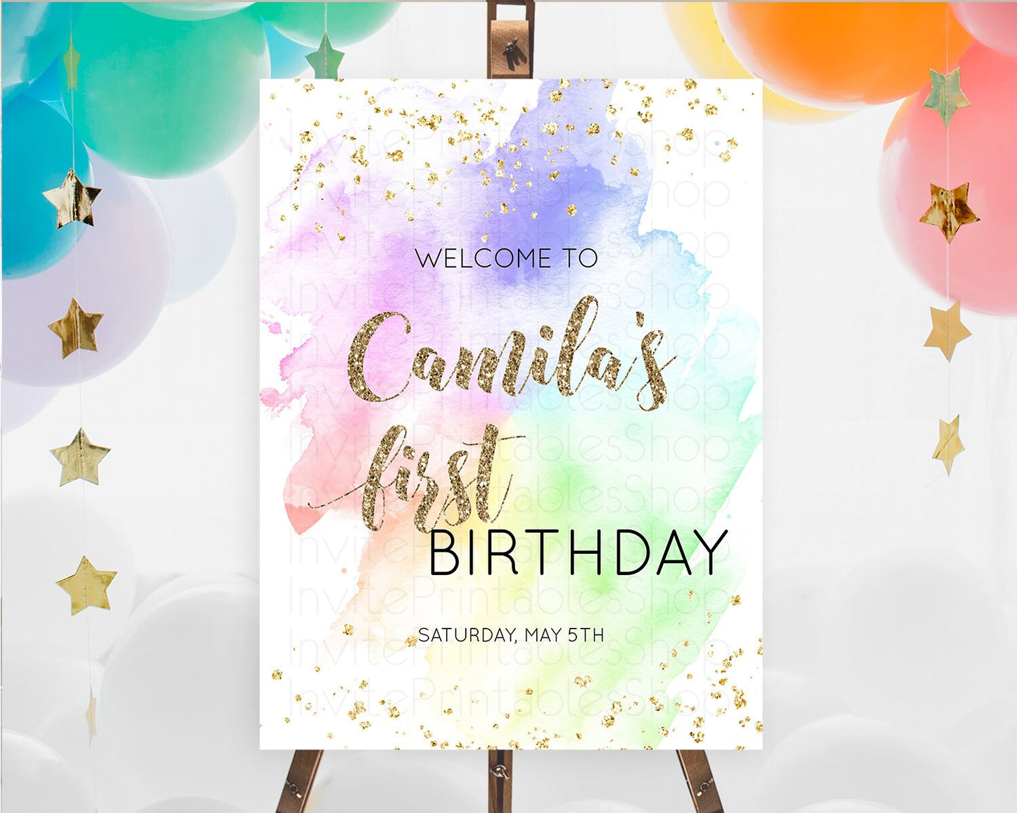 Pastel Welcome Sign Pastel Rainbow Welcome Sign Colorful Rainbow Confetti Watercolor Glitter Pastel First Birthday Welcome Sign D10319