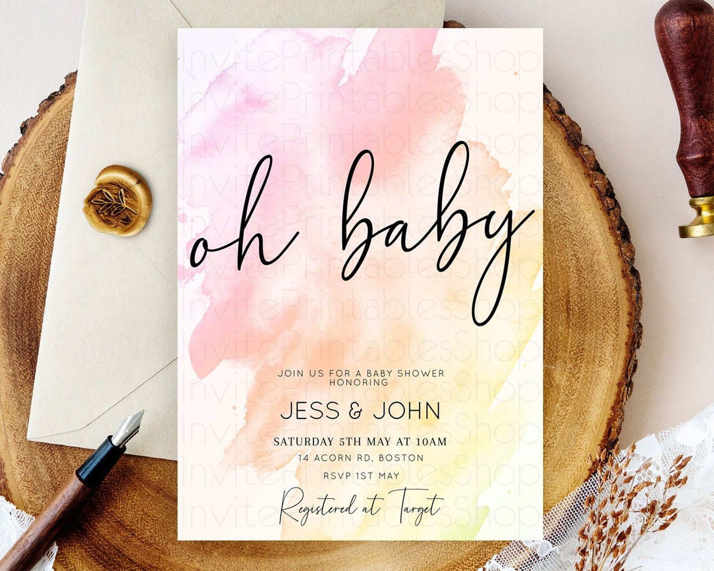 Pink Baby Shower Invitation Pink Watercolor Baby Shower Invitation Pastel Pink Watercolor Invitation Pink Splash Gold Invitation D10167