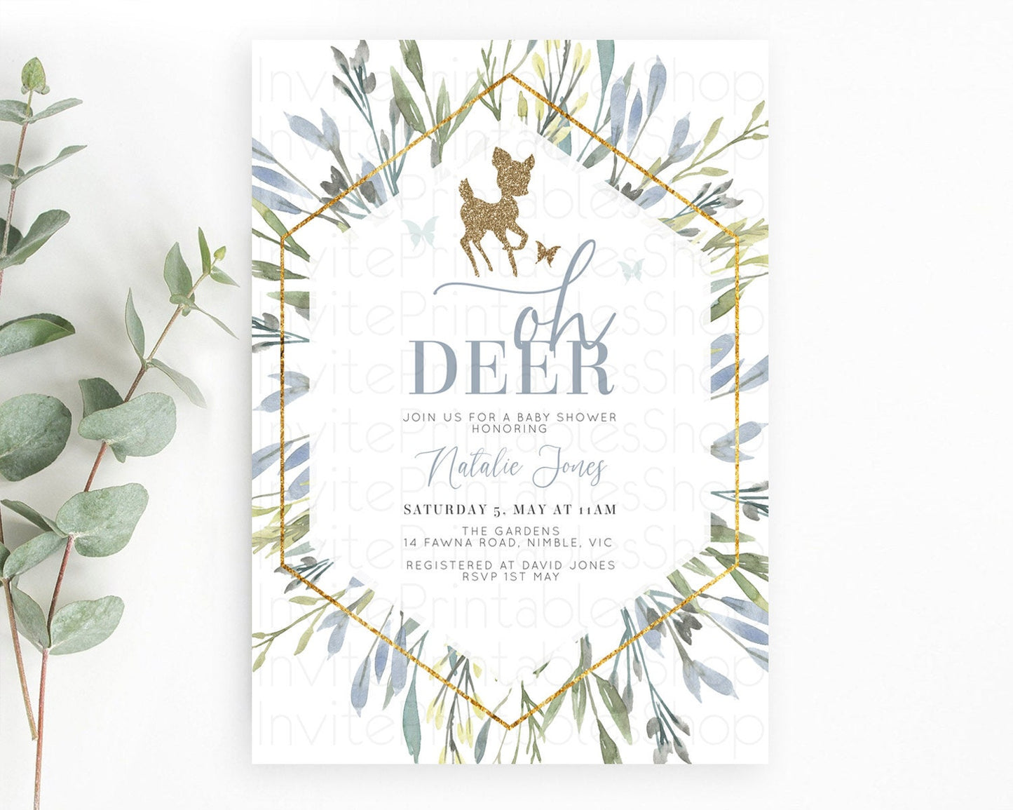 Fawn Baby Shower Invitation Deer Baby Shower Invites Enchanted Forest Theme Butterfly Pastel Flowers Whimsical Baby Shower D10534