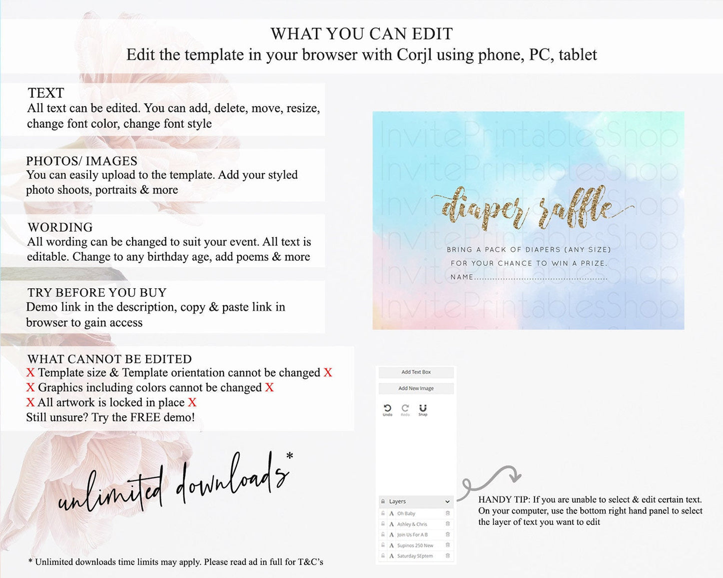 Pastel Diaper Raffle Card Pastel Rainbow Diaper Raffle Insert Colorful Ombre Watercolor Diaper Ticket Confetti Glitter Raffle Game D10378