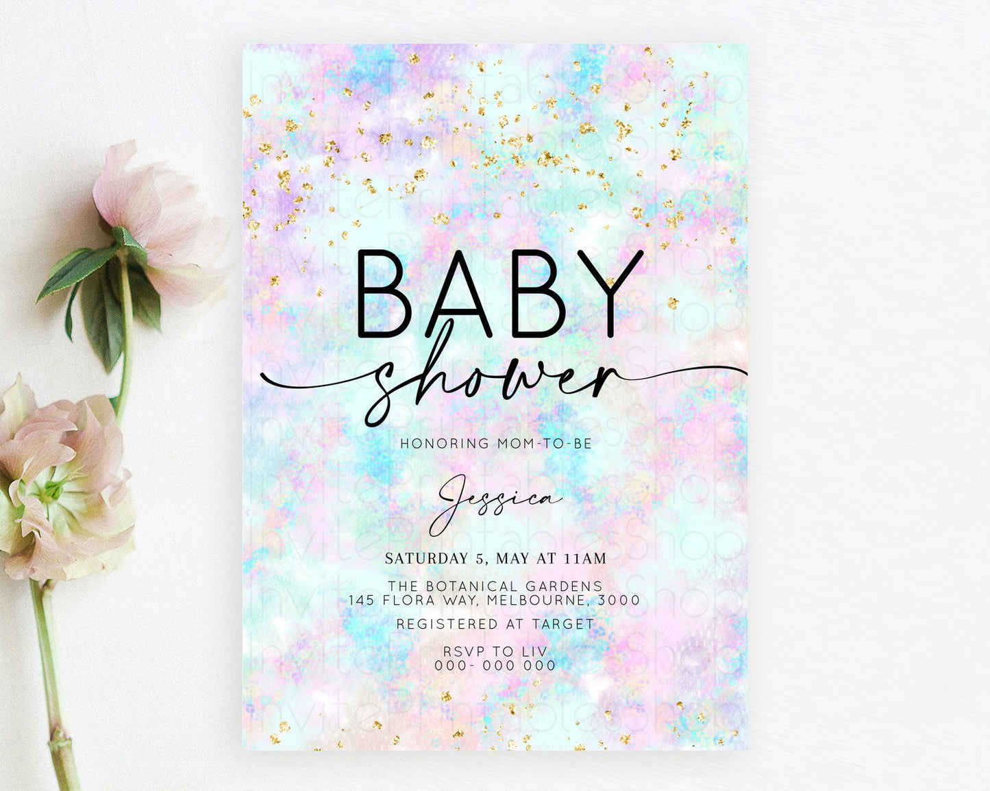 Pastel Baby Shower Invitation Rainbow Baby Shower Invitation Colorful Pastel Watercolor Invitation Gold Glitter Sprinkles Ombre D10652