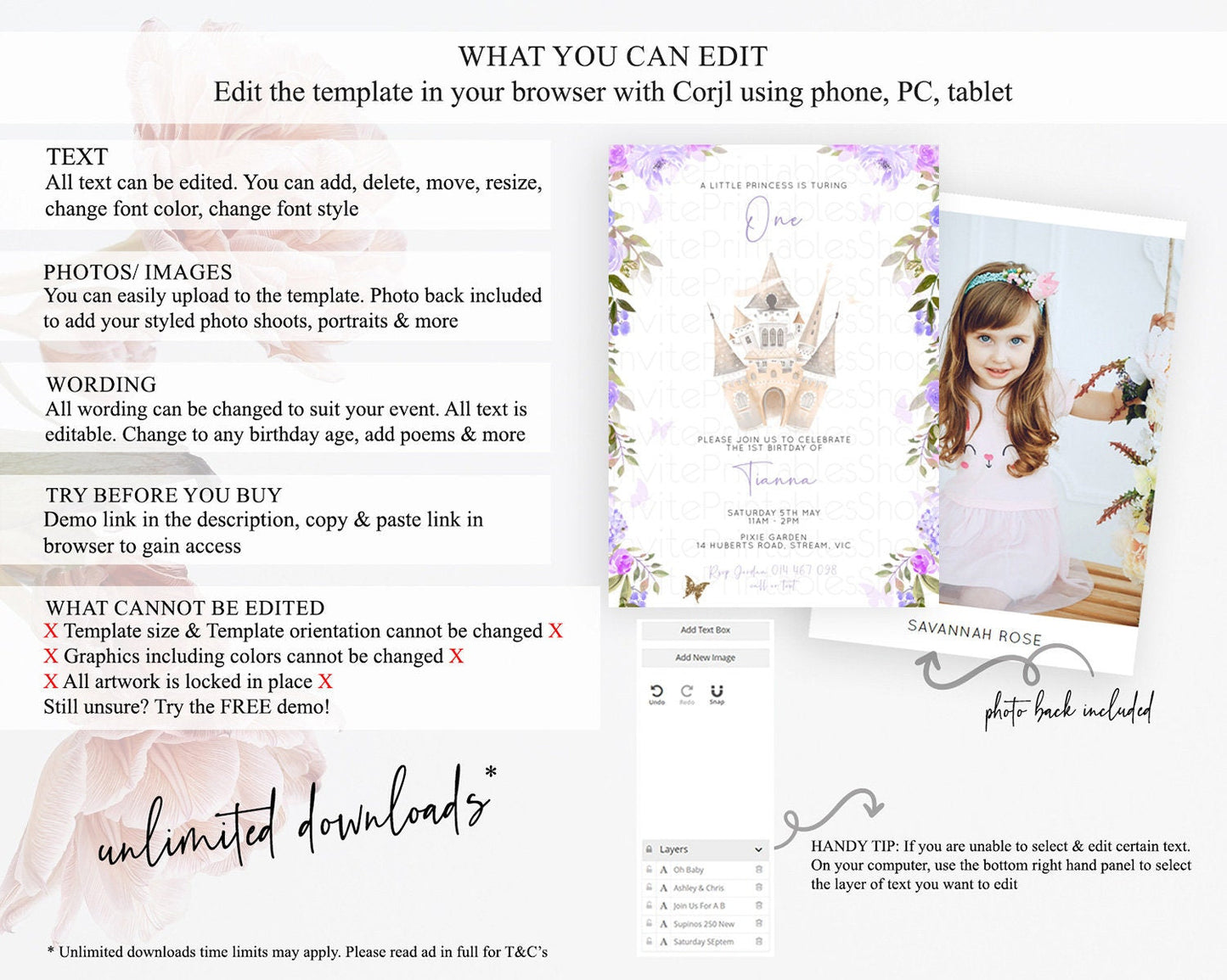 Princess Birthday Invitation Castle Invitation Royal Birthday Fairy Tale Enchanted Castle Pastel Floral Garden 1st First Birthday D10339
