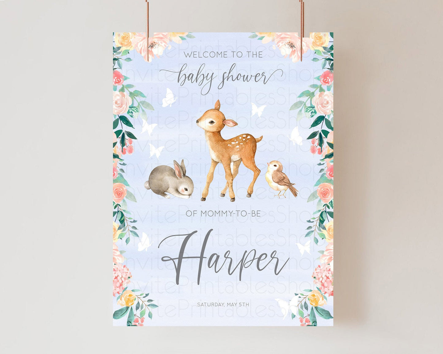 Fawn Baby Shower Welcome Sign Deer Welcome Board Floral Deer Welcome Poster Enchanted Forest Butterfly Pastel Floral Welcome Sign D10920