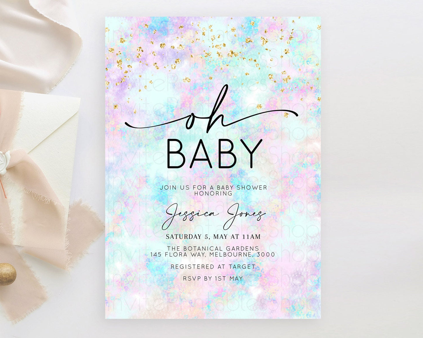 Pastel Baby Shower Invitation Rainbow Baby Shower Invitation Colorful Pastel Watercolor Invitation Gold Glitter Sprinkles Ombre D10652