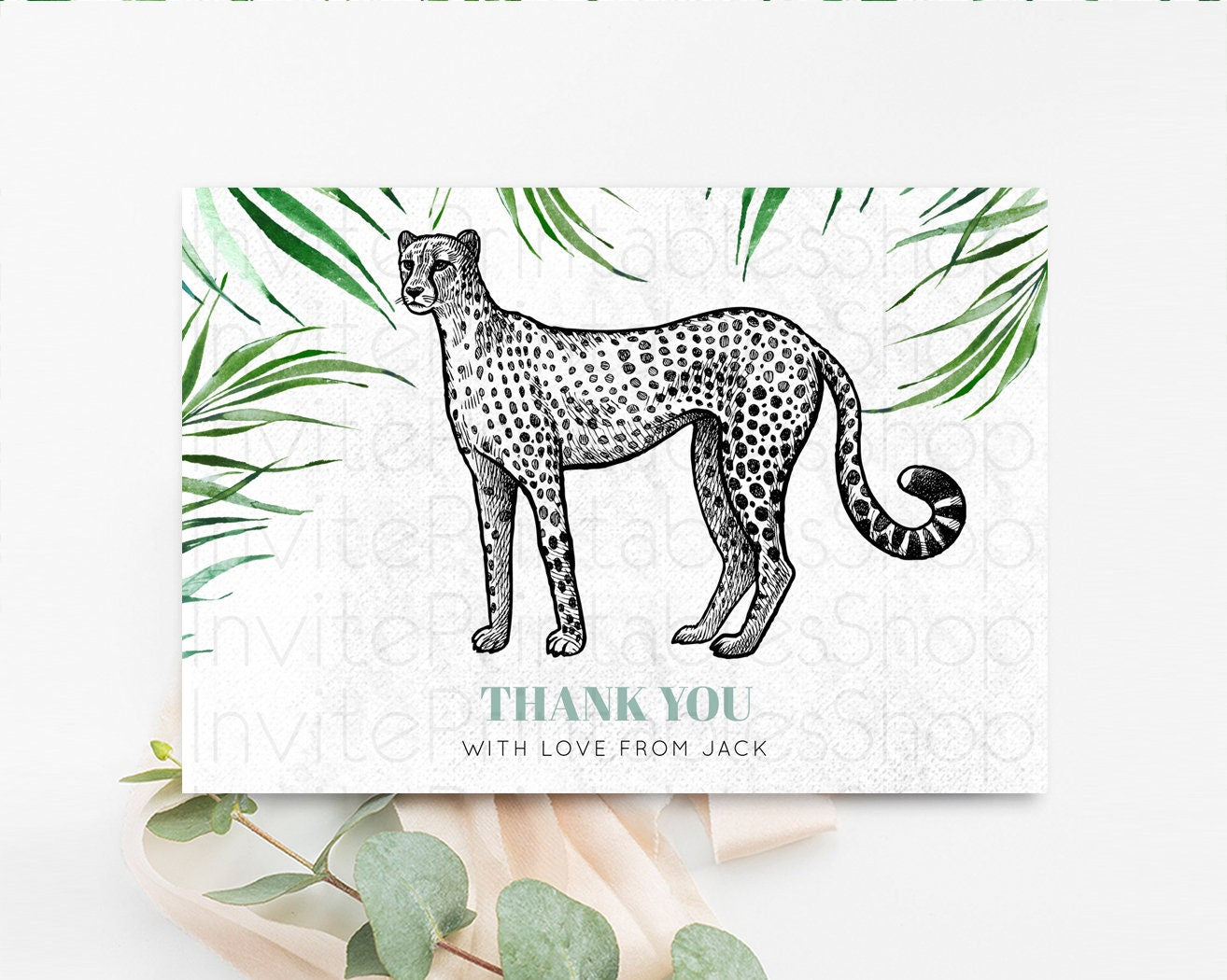 Cheetah Thank You Card Tropical Palm Fern Wild One Safari Jungle Zoo Party Foldable Card Tent Flat Postcard Detail Insert Card Birthday 287