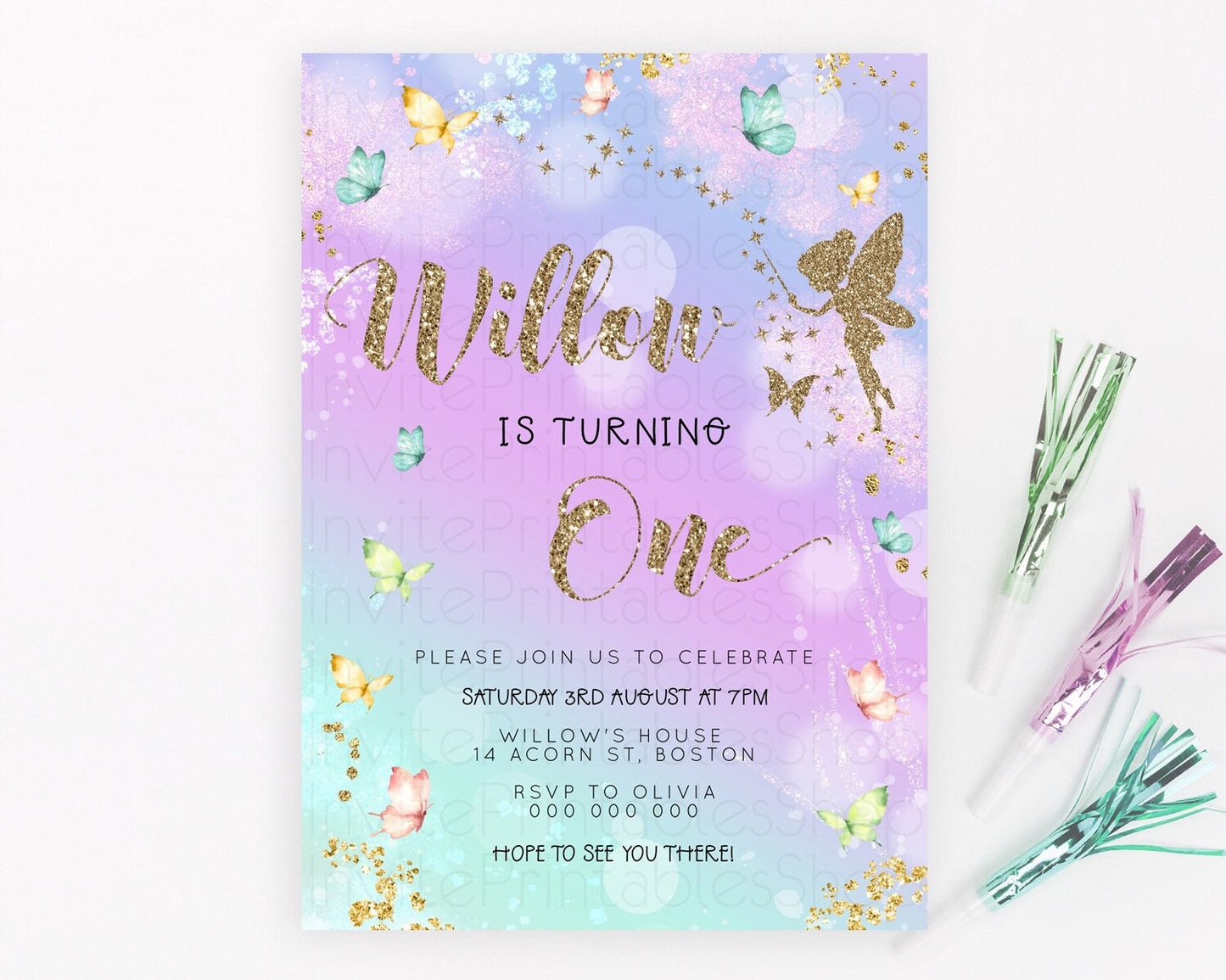 Pastel Fairy Birthday Invitation Pastel Butterflies Fairy Birthday Invitation Rainbow Ombre Watercolor 1st 2nd Birthday Invitation D23163