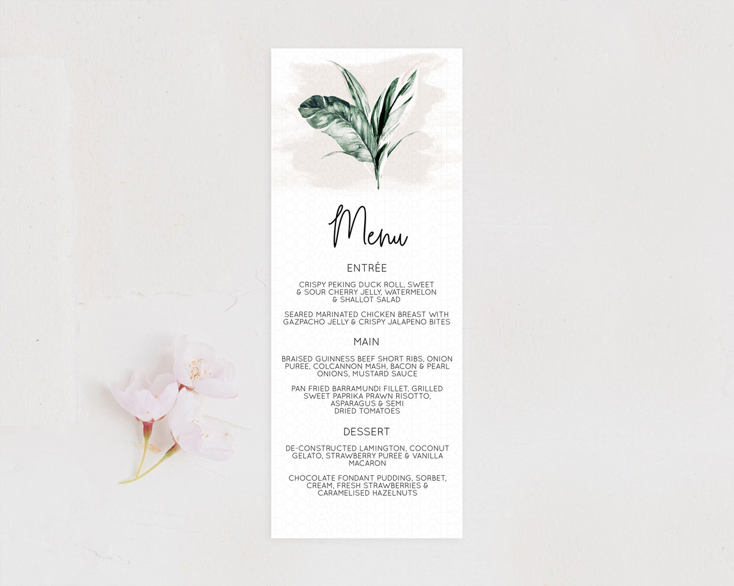 Tropical Menu Template Tropical Menu Palm Leaf Fern Table Decor Frangipani Floral White Orchid Dinner Dessert Menu Party Food Menu D11051