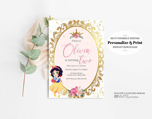 Snow White Birthday Invitation Baby Princess Rose Crown Enchanted Castle Invitation Fairy Tale Mirror Mirror Gold Glitter Royal Celebration