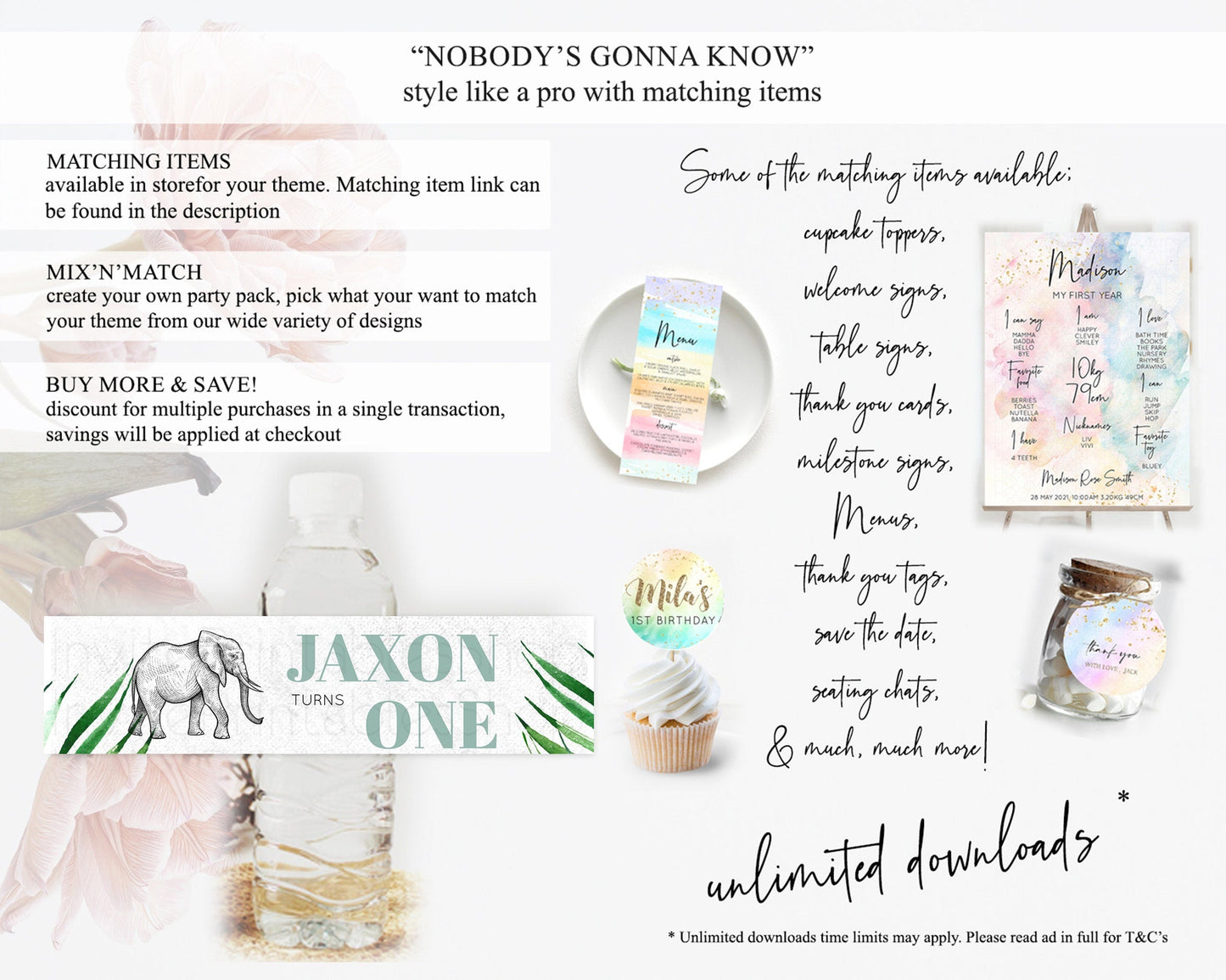 Elephant Water Label Template Elephant Safari Adventure Party Decor Dried Palm Fern Zoo Birthday Baptism Baby Shower Bridal Shower D10850