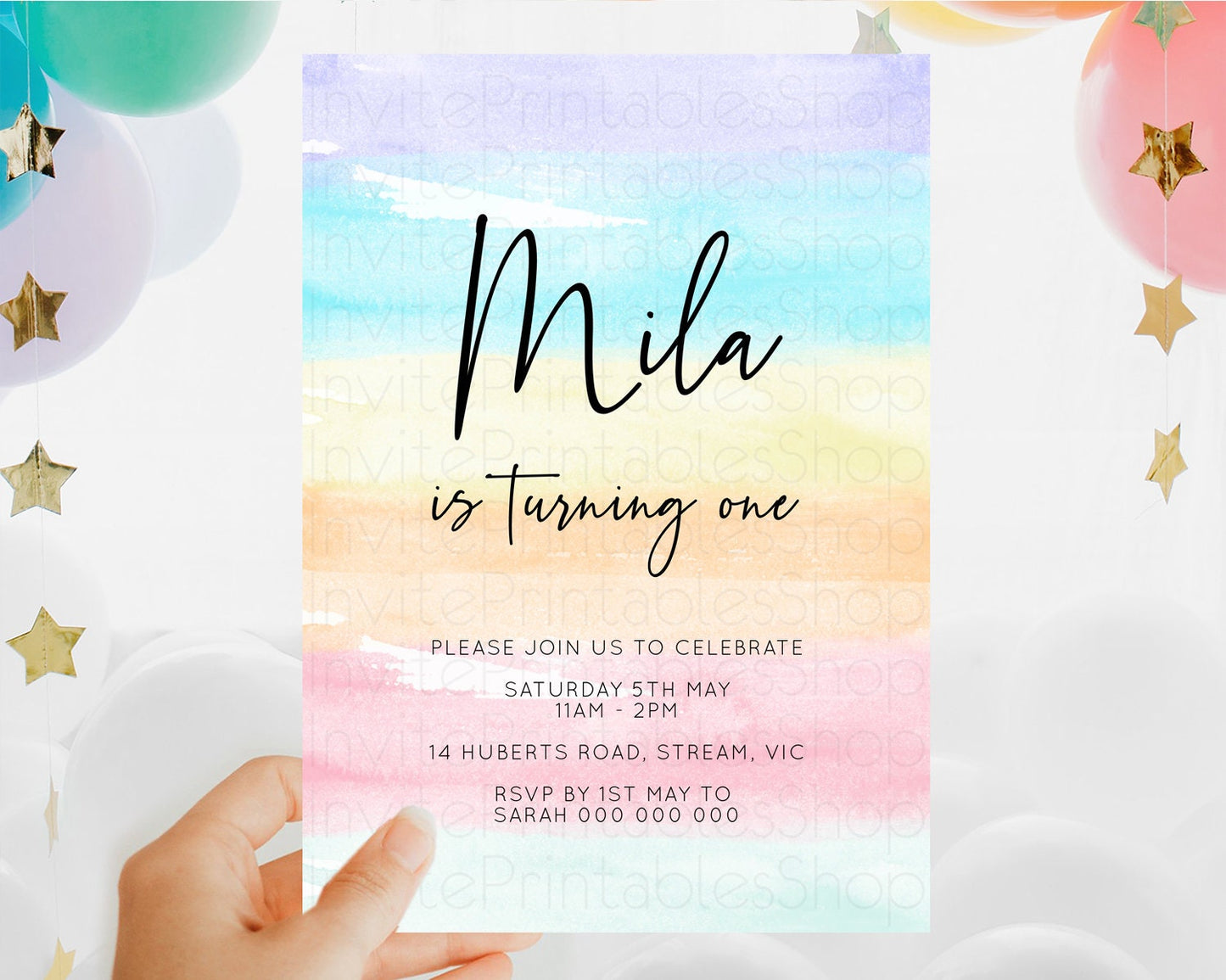 Rainbow Birthday Invitation Colorful Pastel Watercolor Invitation Gold Glitter Sprinkles Ombre Pastel 1st 2nd 3rd Birthday D10505