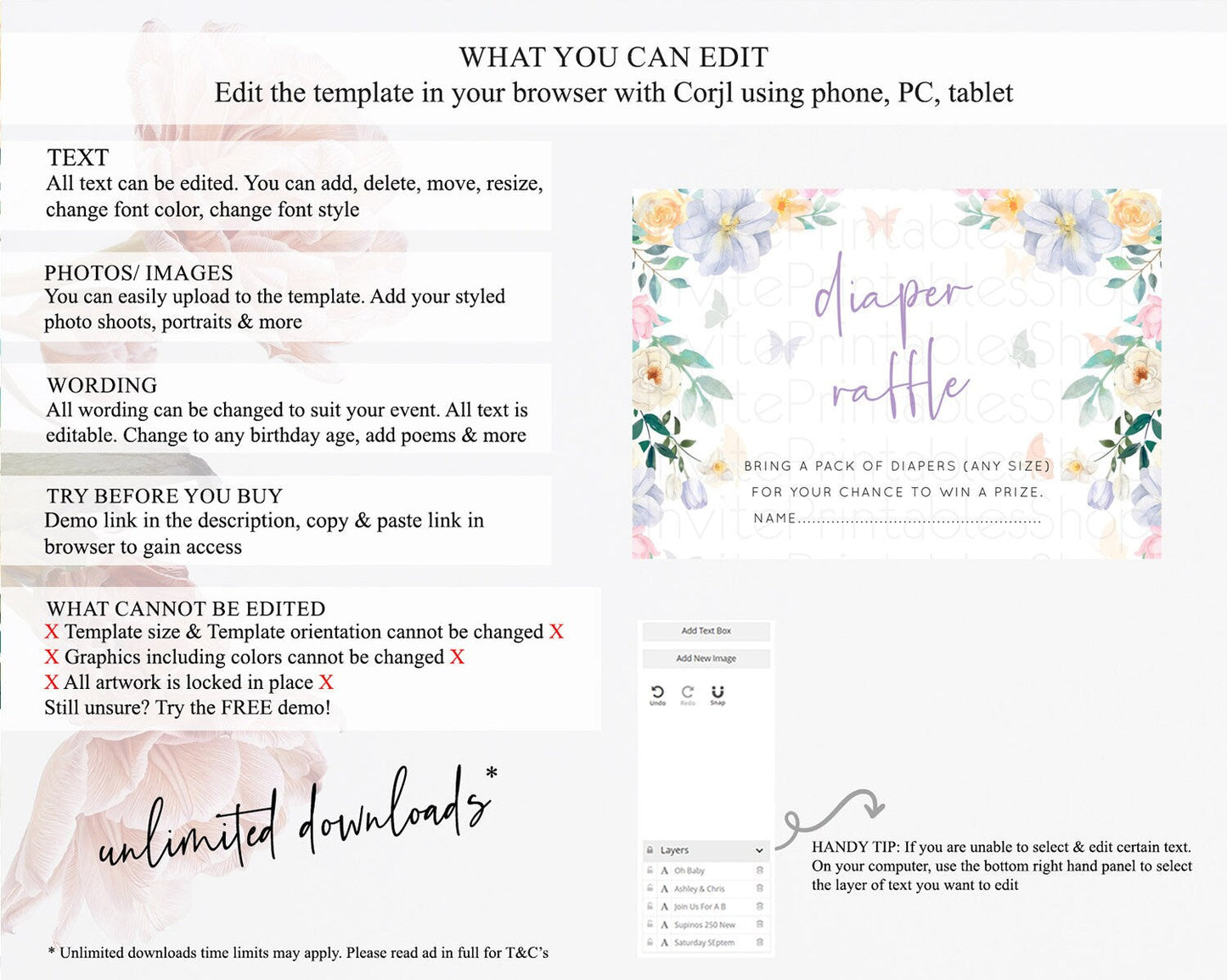 Secret Garden Diaper Raffle Card Boho Wildflower Diaper Raffle Insert Pastel Flower Garden Baby Shower Card Flower Raffle Game D10472