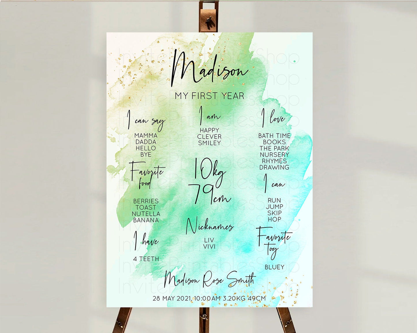 Green First Birthday Milestone Poster Green Watercolor Milestone Board Pastel Green Watercolor Splash Milestone Board 1st Birthday D10170