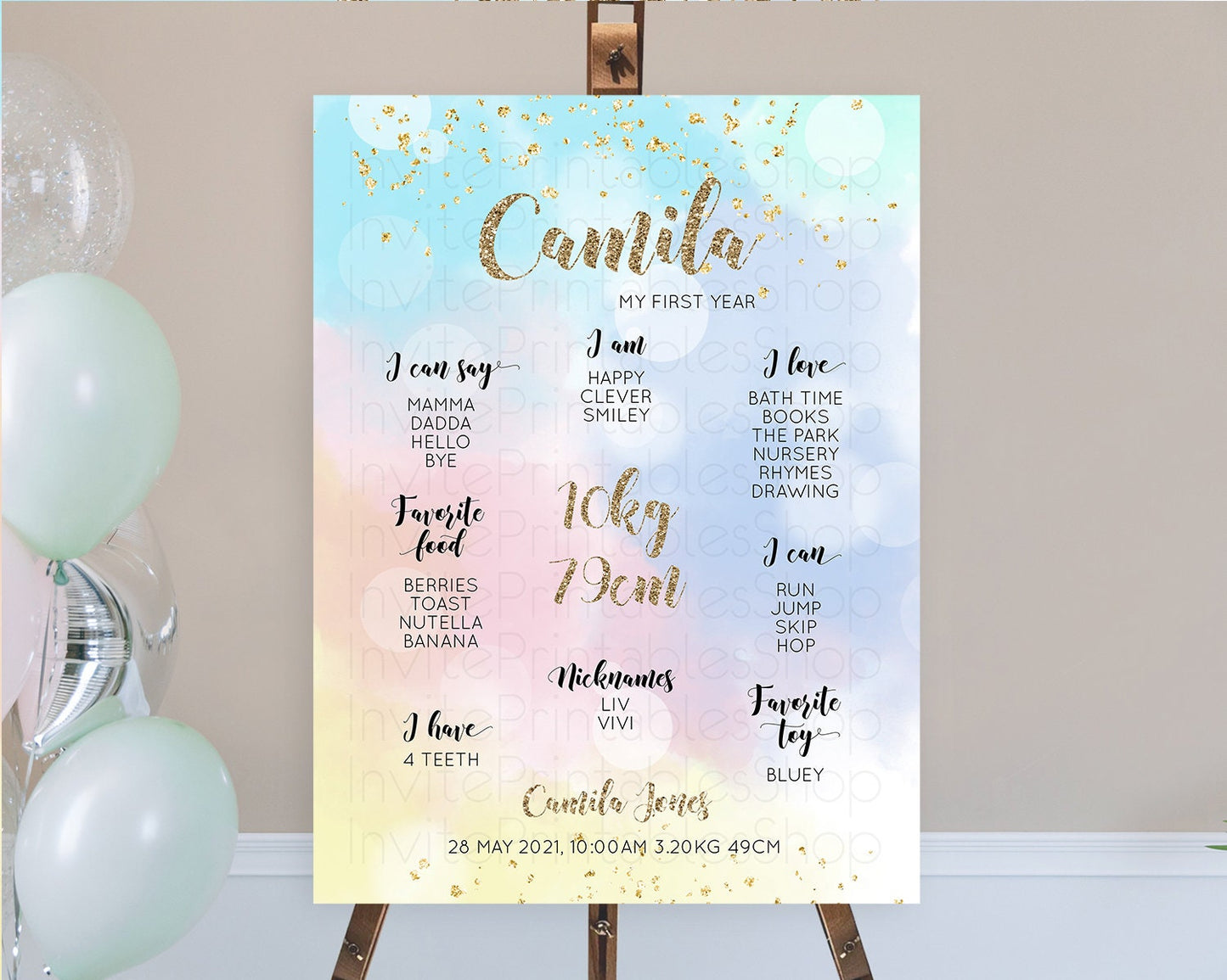 Pastel First Birthday Milestone Board Pastel Rainbow Milestone Poster Colorful Confetti Watercolor Glitter 1st Birthday Welcome Sign D10367