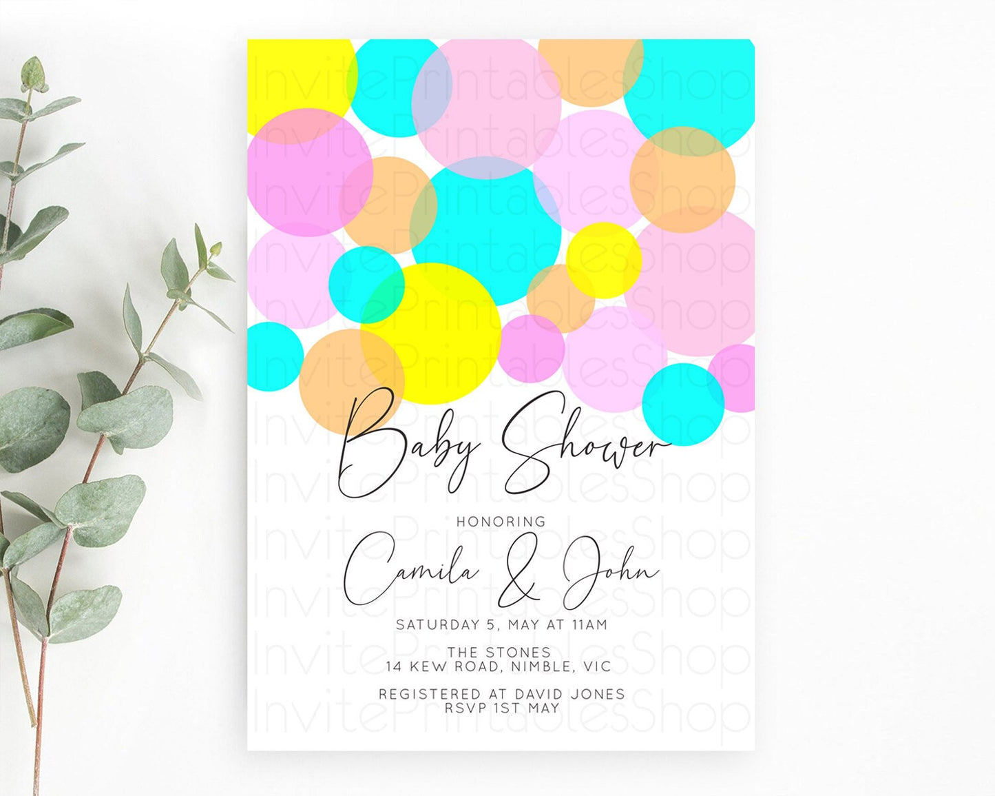 Pastel Rainbow Baby Shower Invitation, Colorful Confetti, Sprinkles, Bubbles, Vibrant Blue, Pink, Yellow Confetti Theme Gender Reveal D10896