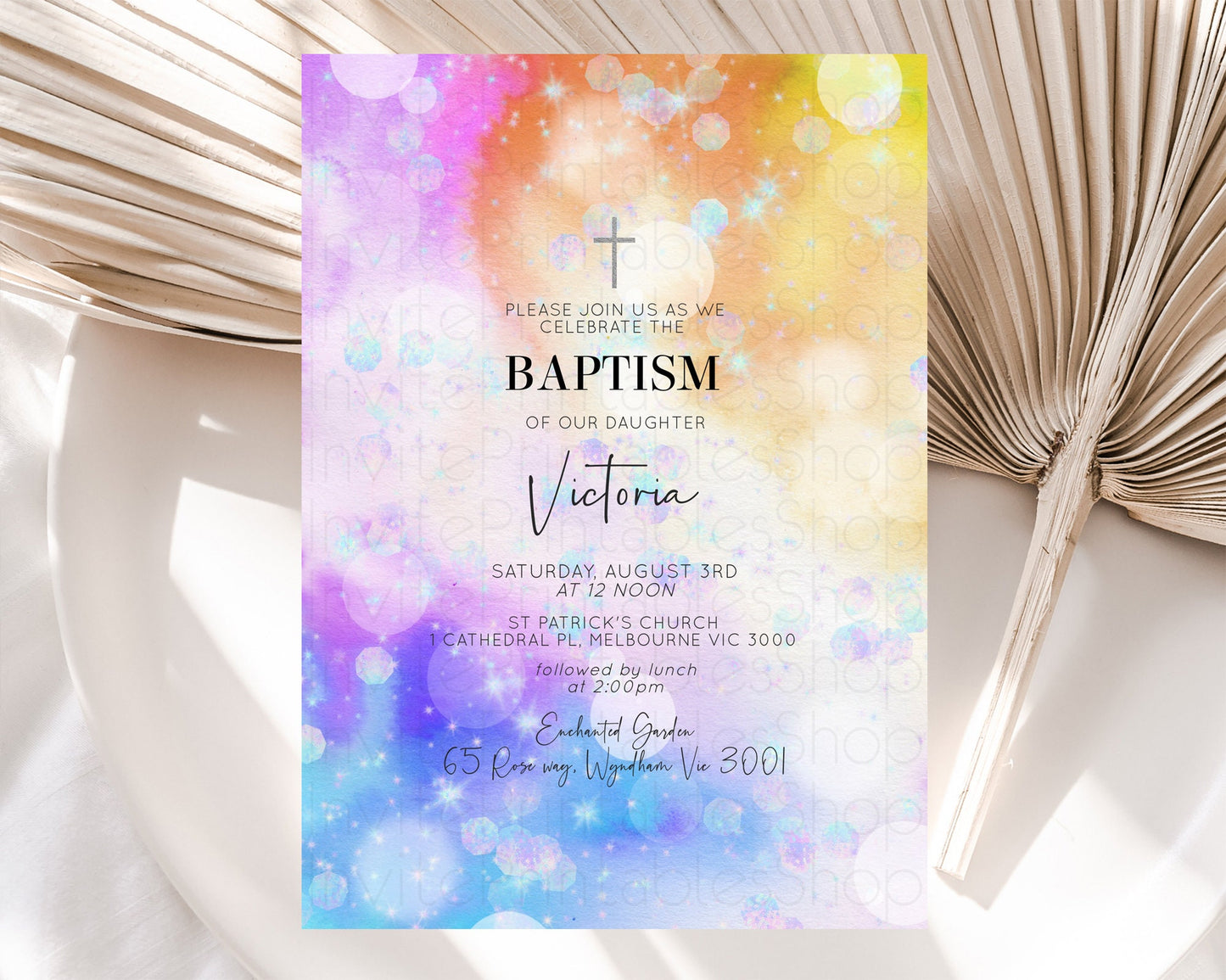 Rainbow Baptism Invitation Colorful Pastel Watercolor Baptism 1st Birthday Invitation Iridescent Glitter Sprinkles Ombre Christening D10690