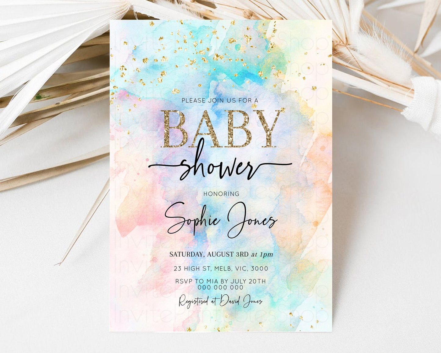 Rainbow Baby Shower Invitation Pastel Baby Sower Invitation Colorful Splash Invite Sprinkle Confetti Watercolor Ombre Baby Shower 276v3