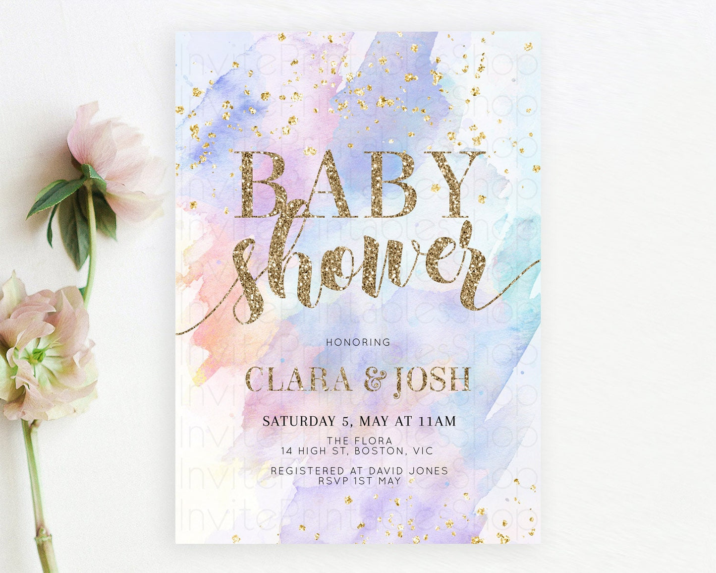 Pastel Baby Shower Invitation Rainbow Baby Shower Invitation Colorful Pastel Watercolor Invitation Gold Glitter Sprinkles Ombre D10583