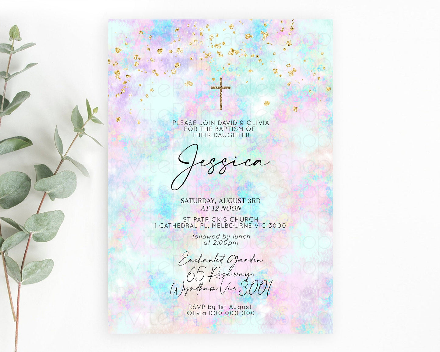 Pastel Baptism Invitation Pastel Colors Watercolor Baptism 1st Birthday Party Gold Ombre Pastel Rainbow Christening Holy Communion D10652