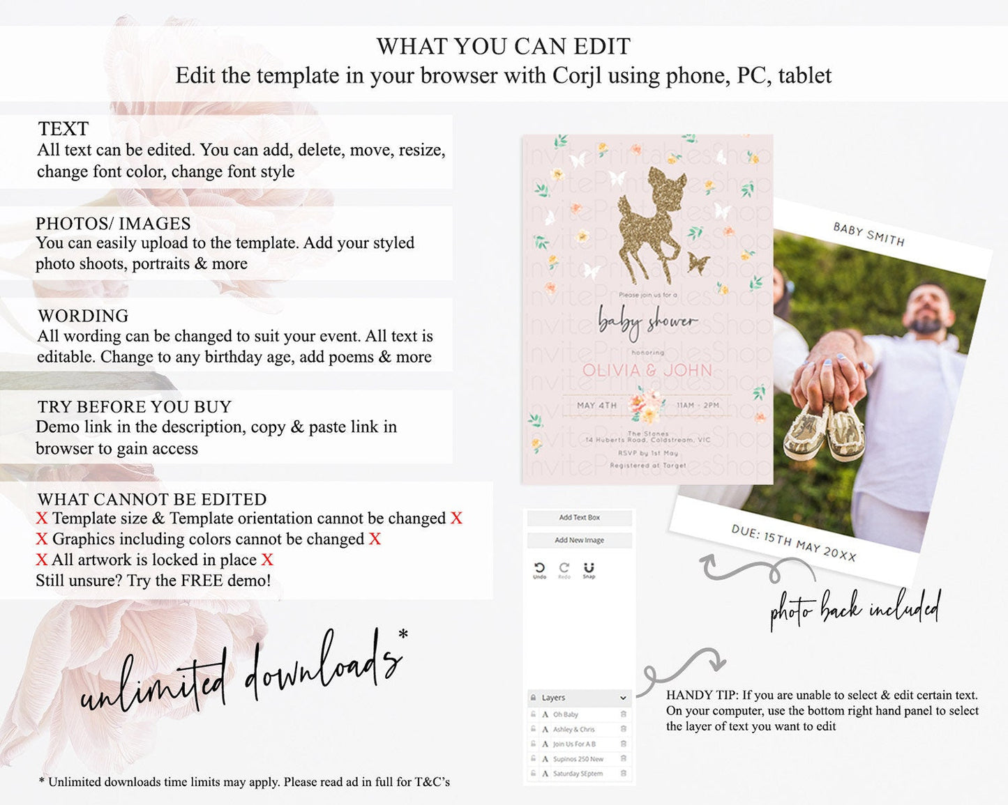 Fawn Baby Shower Invitation, Enchanted Forest Theme Glitter Deer, Butterflies, Pastel Flowers - Whimsical Floral Pink, Orange, Green D10386