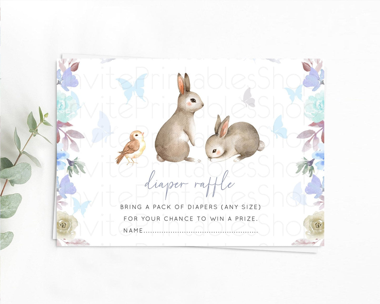 Bunny Diaper Raffle Card Floral Bunny Diaper Raffle Insert Pastel Flowers Woodland Bunny Diaper Ticket Forest Bunny Raffle Game D10927