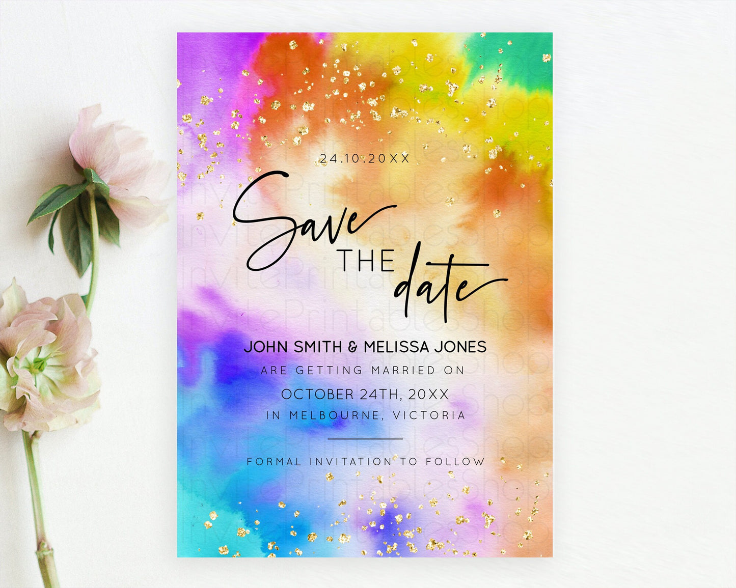 Tie Dye Save The Date Template Rainbow Pastel Ombre Watercolor Party For 1st Birthday Baptism Baby Shower Bridal Shower Wedding D10530