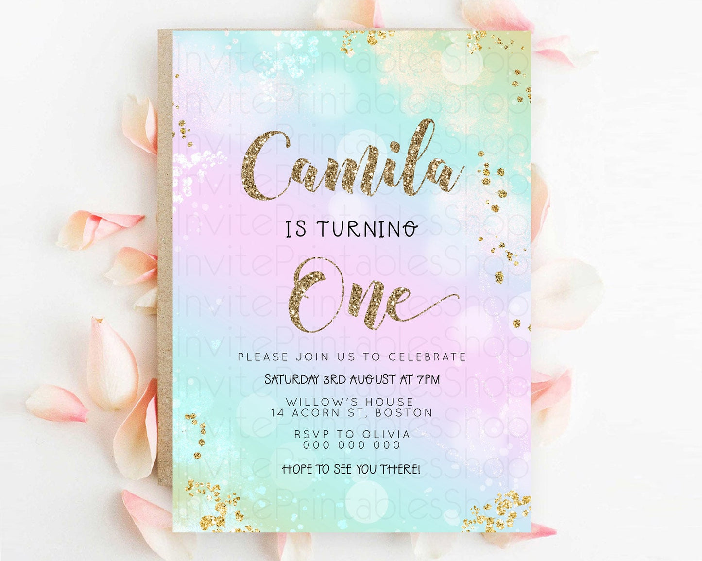 Rainbow Birthday Invitation Colorful Pastel Watercolor Invitation Gold Glitter Sprinkles Ombre Pastel 1st 2nd 3rd Birthday D23126