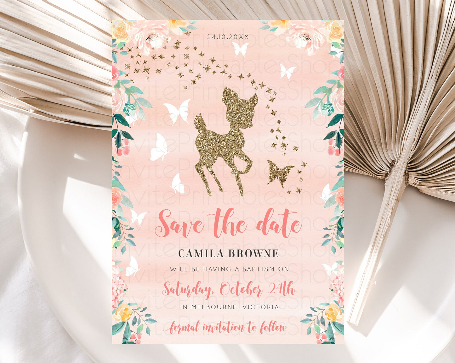 Fawn Deer Save The Date Template Pastel Floral Deer Enchanted Forest Butterfly Party 1st Birthday Baptism Baby Shower Bridal Shower D10873