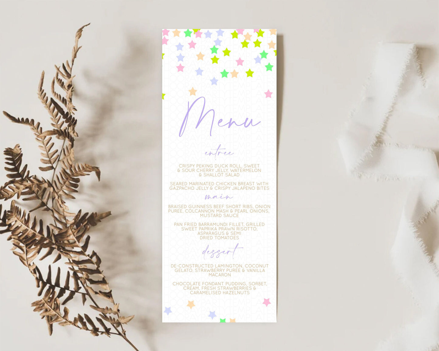 Star Menu Template Pastel Stars Menu Shooting Star Twinkle Little Star Decor Rainbow Colorful Confetti Dinner Dessert Food Menu D10396