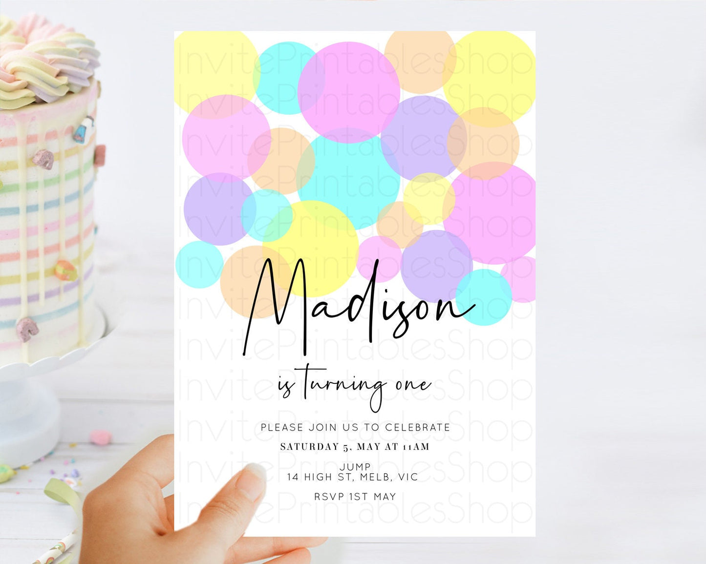 Pastel Birthday Invitation Pastel Confetti Birthday Invitation Bubbles Invitation Colorful Rainbow Confetti 2nd 1st First Birthday D10406