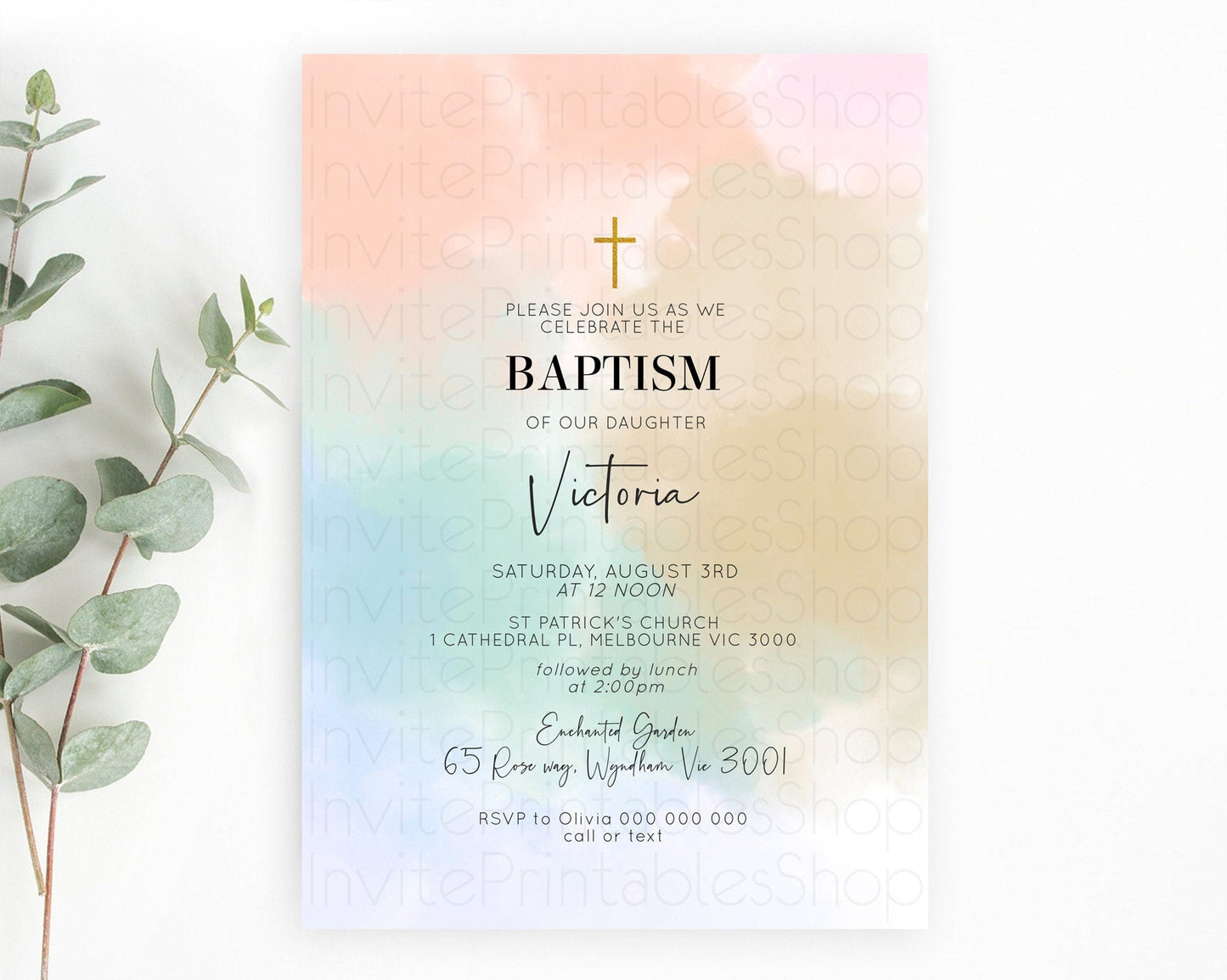 Pastel Baptism Invitation Pastel Colors Watercolor Baptism 1st Birthday Party Gold Ombre Pastel Rainbow Christening Holy Communion D10370