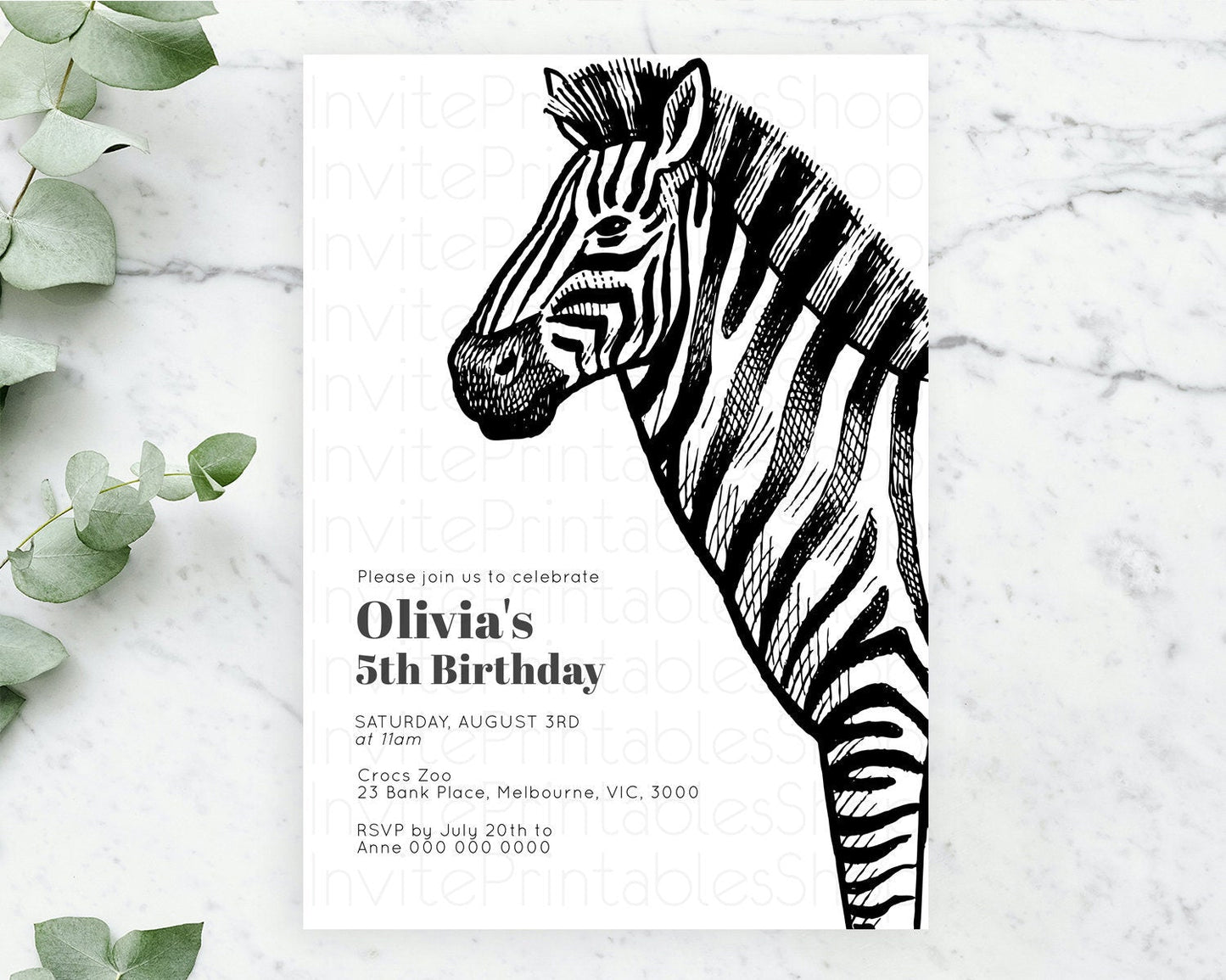 Zebra Birthday Invitation Zebra Invite Jungle Safari invite Watercolor Tropical Palm Invite Adventure Zoo Party Wild Animal Party D10249