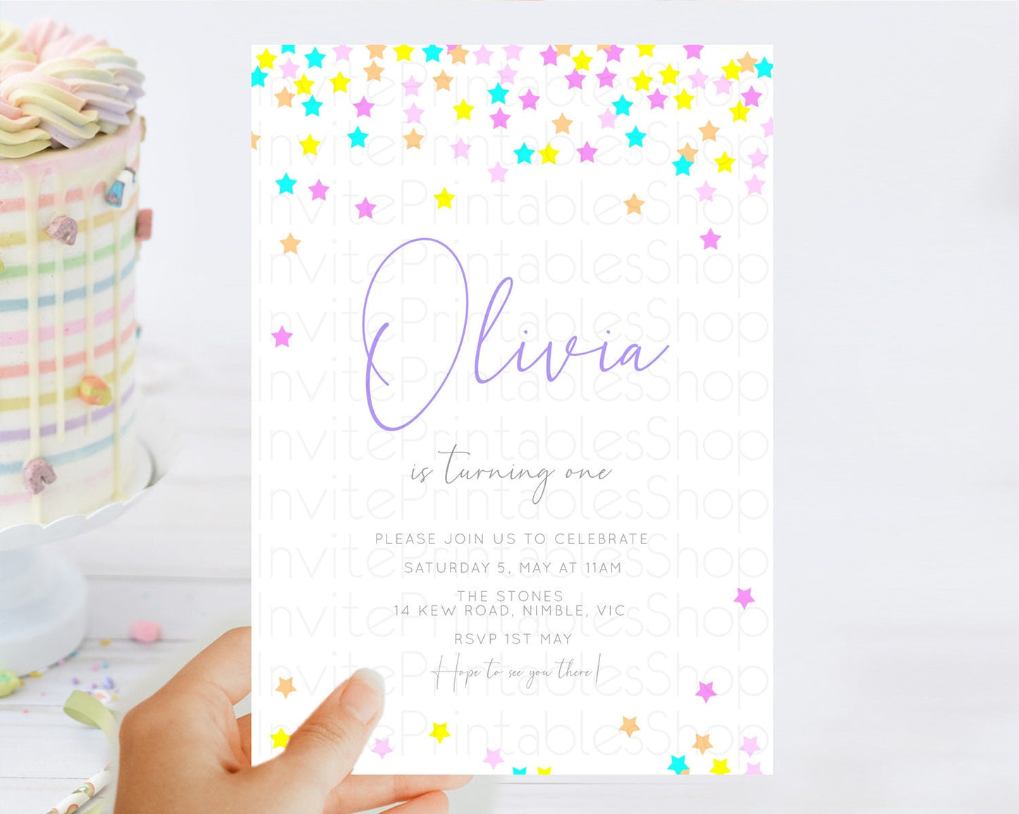 Star Birthday Invitation Pastel Stars Invite Shooting Star Party Rainbow Colorful Confetti Twinkle Little Star 2nd First Birthday D10397