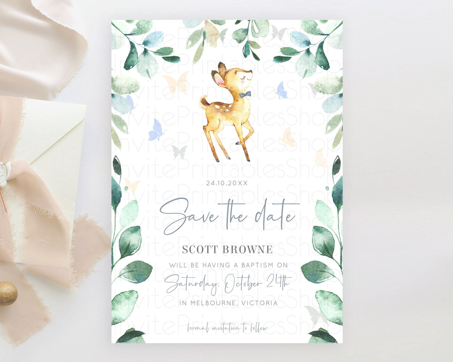 Fawn Deer Save The Date Template Pastel Floral Deer Enchanted Forest Butterfly Party 1st Birthday Baptism Baby Shower Bridal Shower D10767