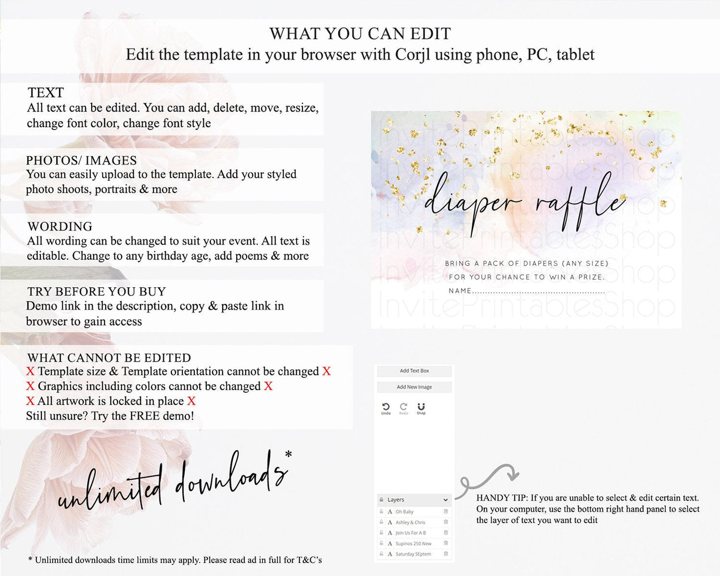 Pastel Diaper Raffle Card Pastel Rainbow Diaper Raffle Insert Colorful Ombre Watercolor Diaper Ticket Confetti Glitter Raffle Game D10769