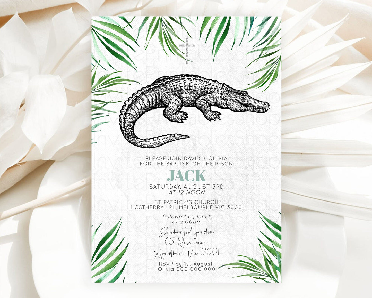 Crocodile Baptism Invitation Alligator Baptism 1st Birthday Invitation Later Alligator Swamp Safari Crocodile Christening Invitation D10847