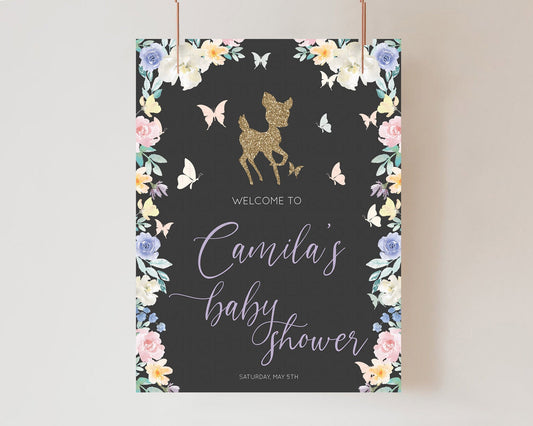 Fawn Baby Shower Welcome Sign Deer Welcome Board Floral Deer Welcome Poster Enchanted Forest Butterfly Pastel Floral Welcome Sign D10323