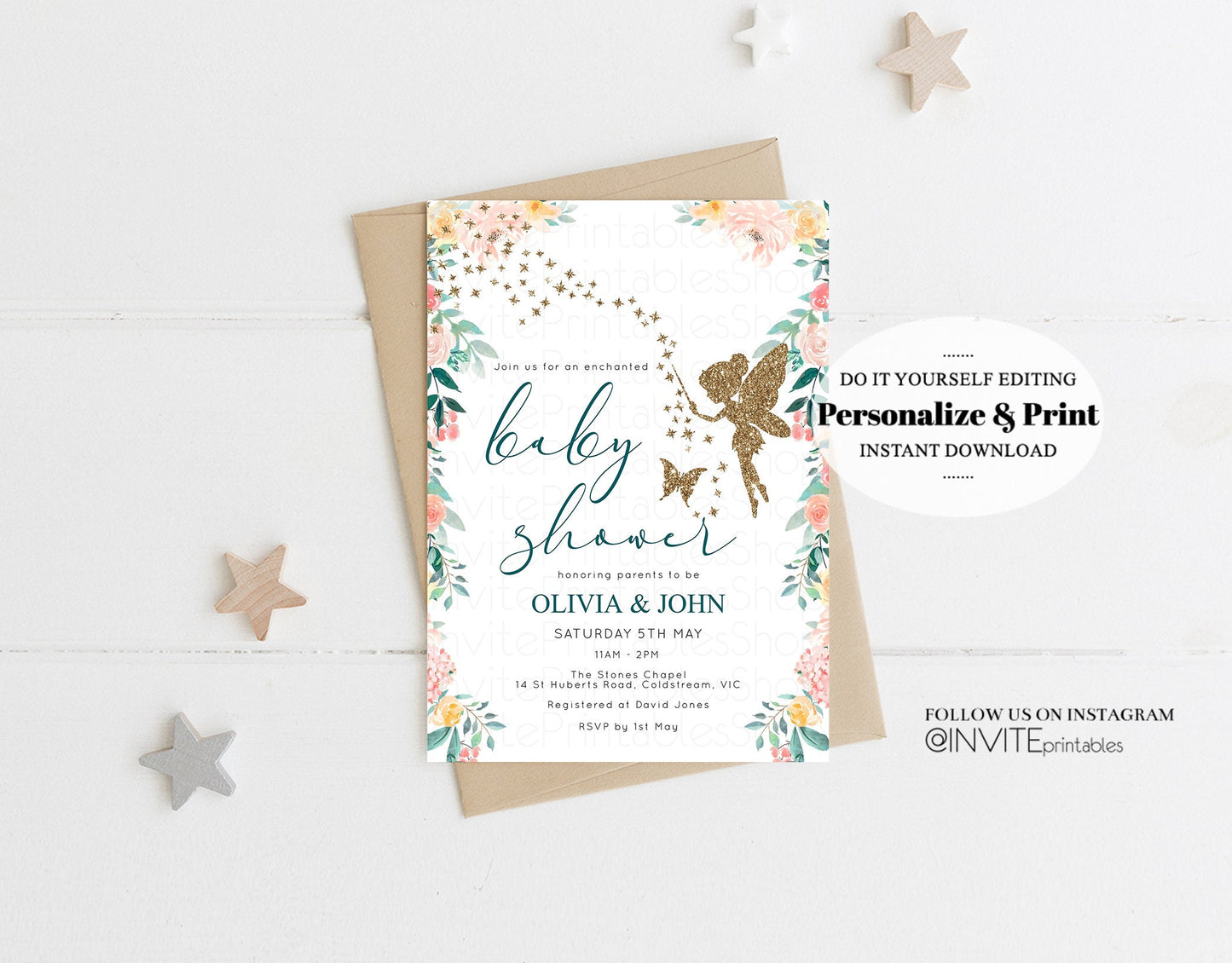 Fairy Baby Shower Invitation Enchanted Baby Tinkerbell Glitter Pixie Twinkle Stars Fairytale Pastel Watercolor Flowers Editable Template