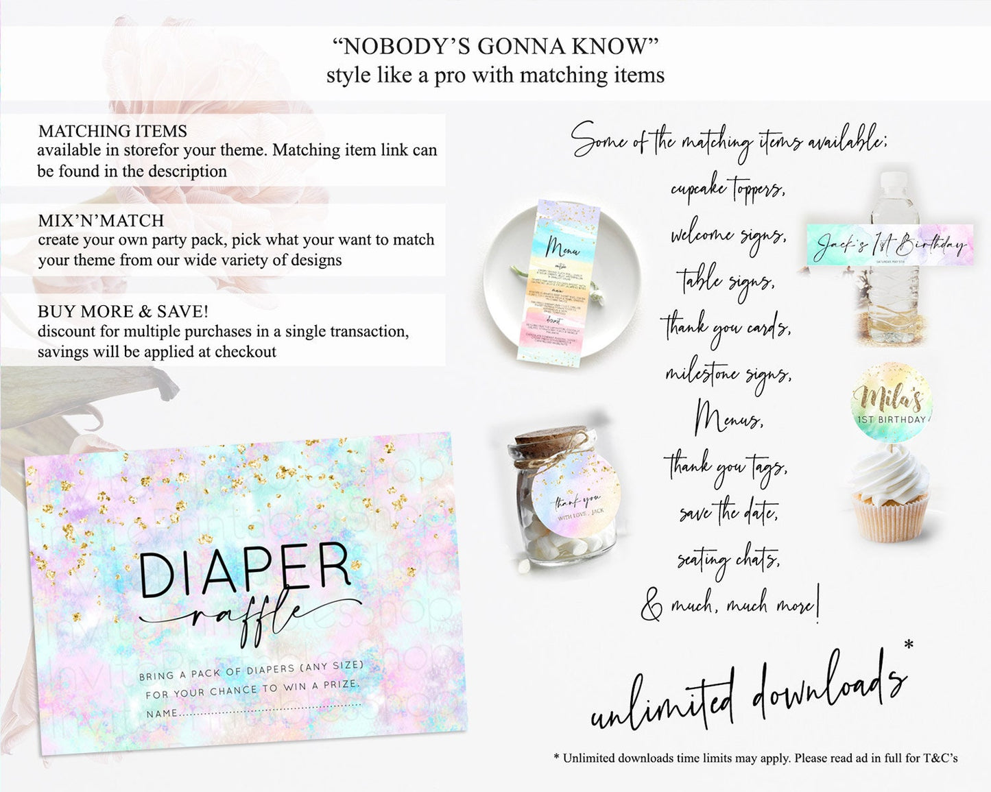 Pastel Diaper Raffle Card Pastel Rainbow Diaper Raffle Insert Colorful Ombre Watercolor Diaper Ticket Confetti Glitter Raffle Game D10652