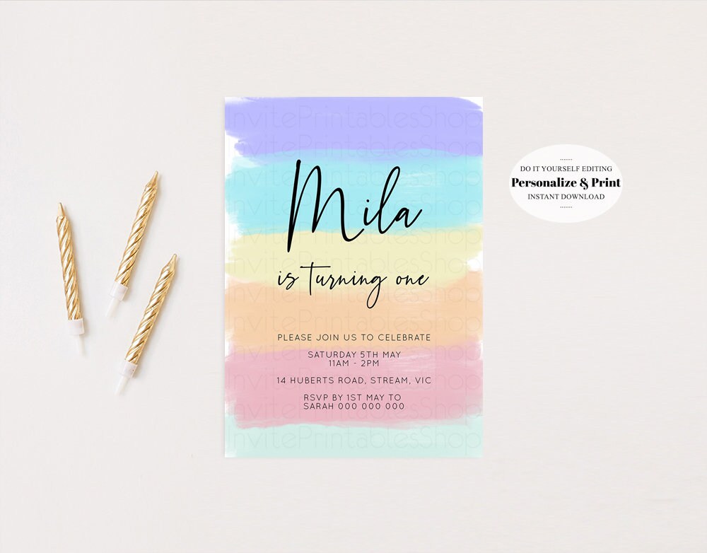 Rainbow Birthday Invitation Pastel Birthday Invitation Colorful Watercolor Invite Ombre Pastel Invitation Gold Glitter Sprinkles Invite