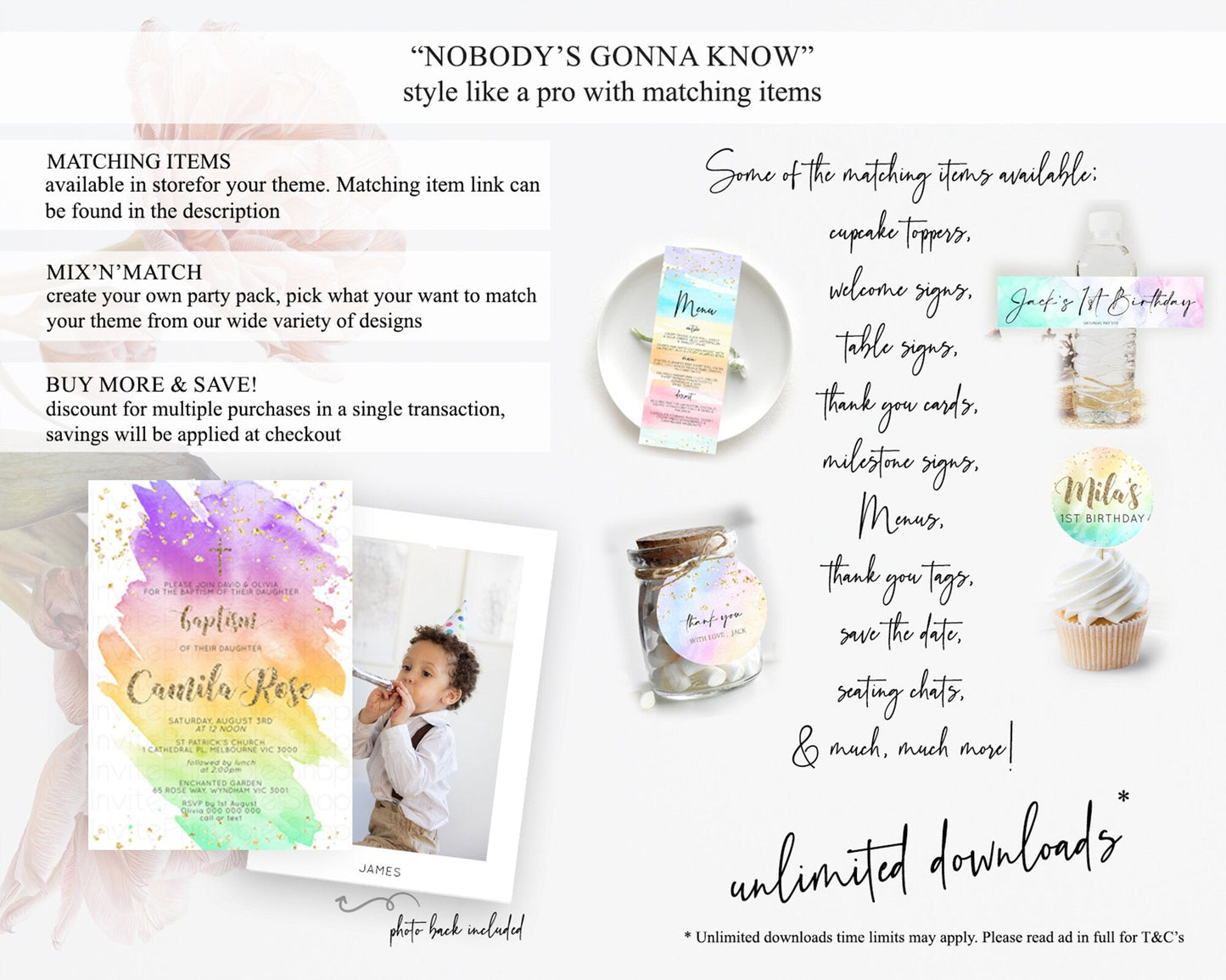 Pastel Baptism Invitation Pastel Colors Watercolor Baptism 1st Birthday Party Gold Ombre Pastel Rainbow Christening Holy Communion D10517