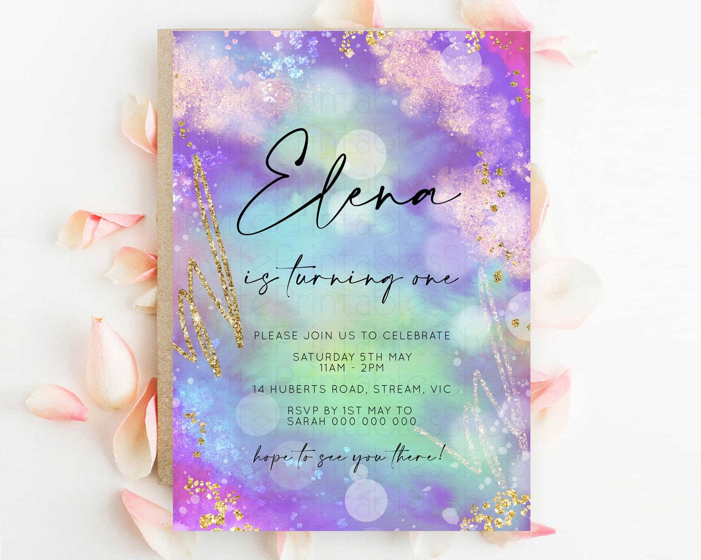 Rainbow Birthday Invitation Colorful Pastel Watercolor Invitation Gold Glitter Sprinkles Ombre Pastel 1st 2nd 3rd Birthday D10680