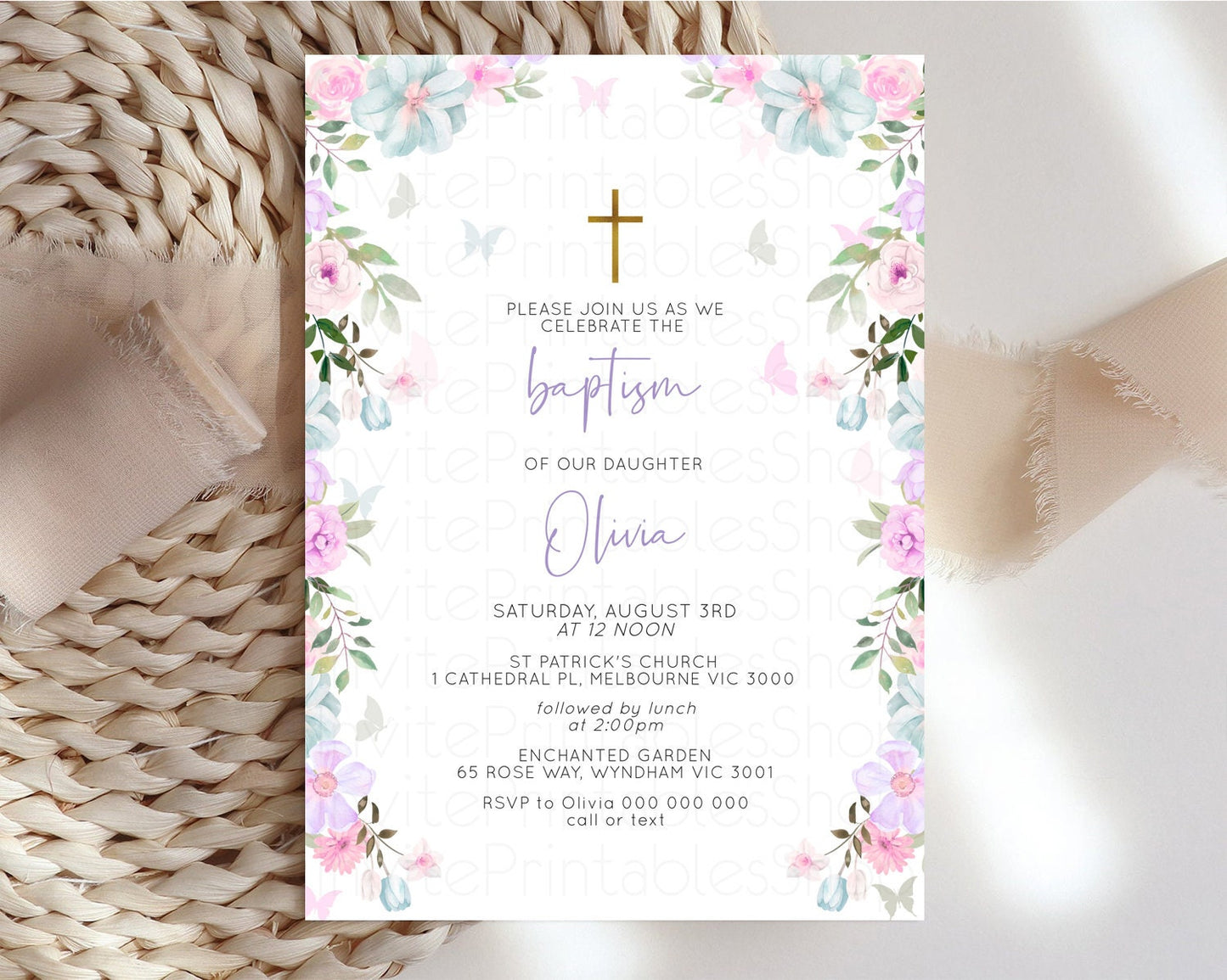 Floral Baptism Invitation Pastel Floral Christening Invitation Enchanted Garden Purple Pink Flowers Butterflies Holy Communion Invite 513